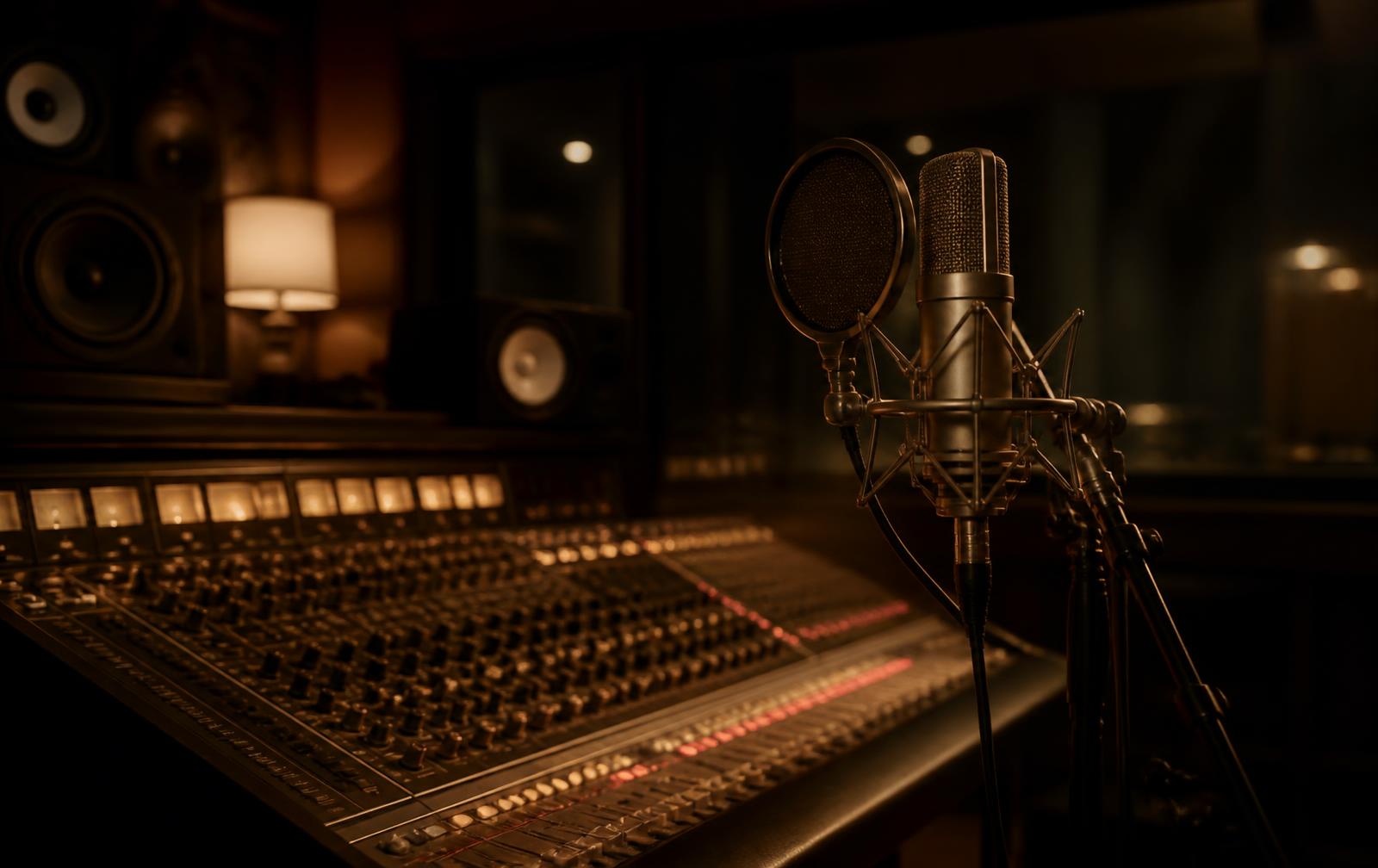 A warm, dimly lit recording studio with a microphone and mixing desk